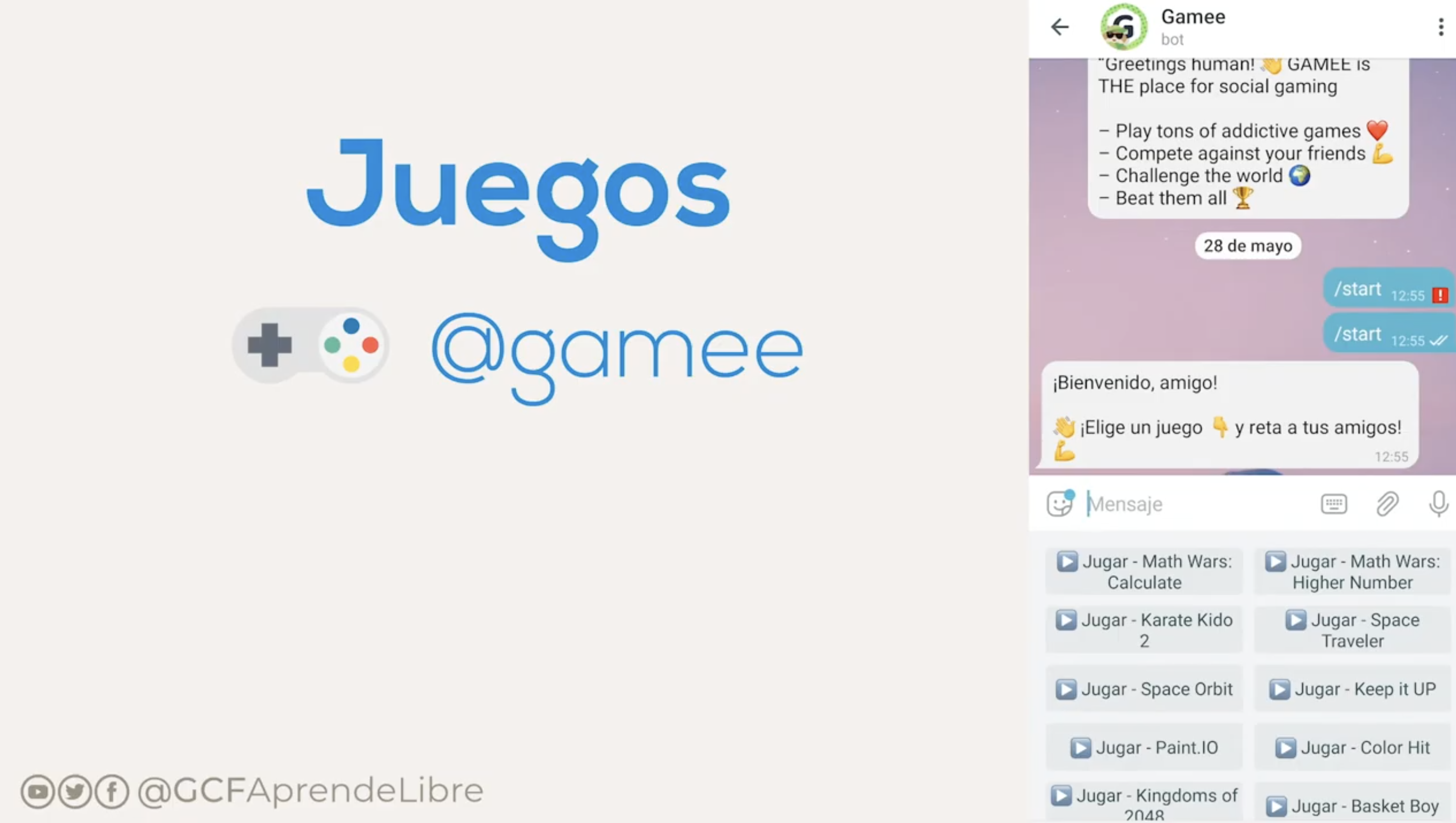 Este es un bot oficial para jugar más de 30 minijuegos dentro de esta aplicación. Para jugar en Telegram, solo deberás escribir el bot @gamee dentro de un chat propio o escribiendo la palabra en el chat de un amigo. Al mencionarlo, te aparecerá la lista de juegos disponibles.